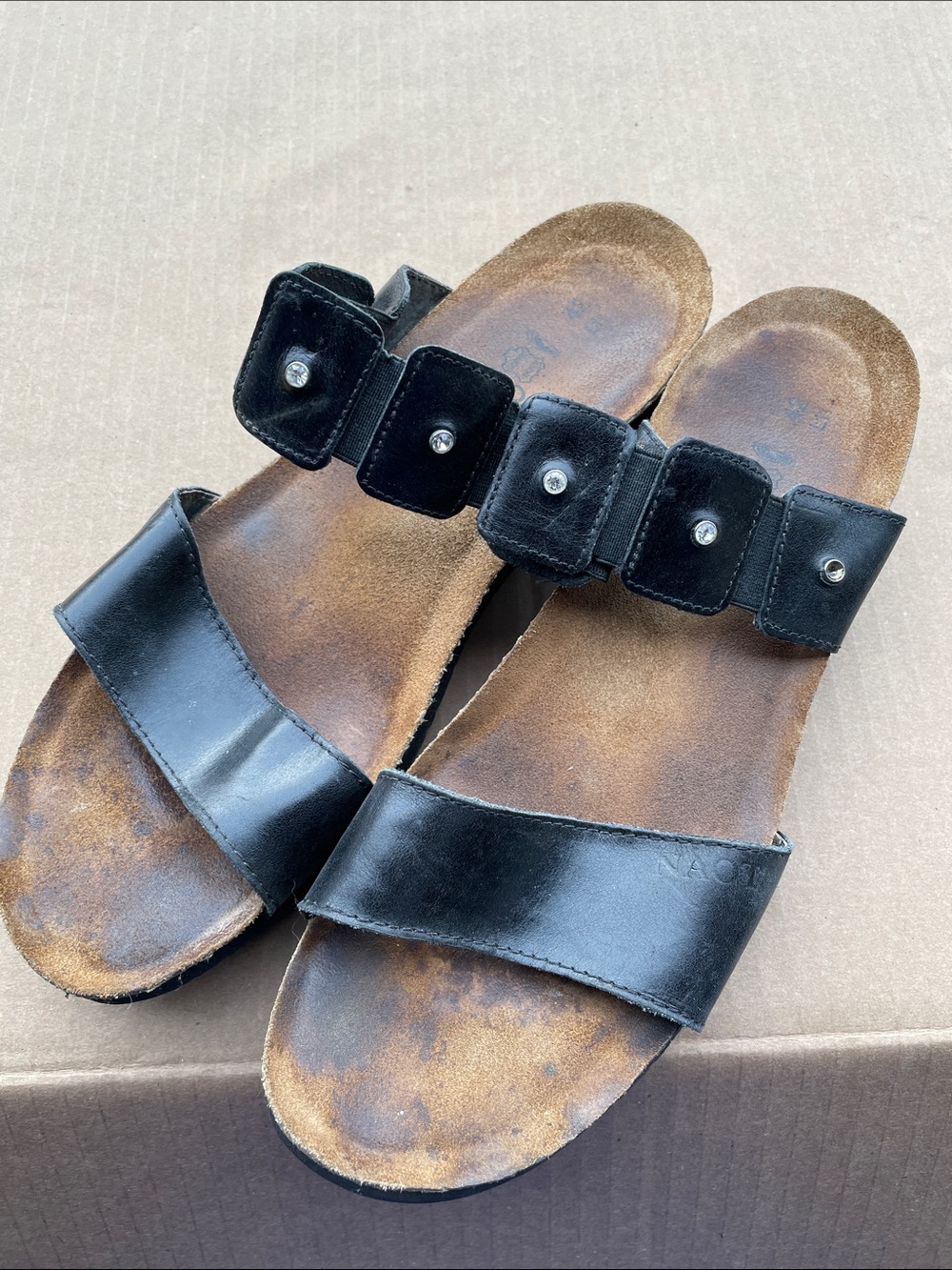 RARE Naot Black Dual-Strap Leather Slide Sandals